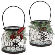 Glass & Chicken Wire Lantern with Pine & Buffalo Check Bow (2 Count Assortment)