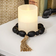 Black Distressed Wood Oval Bead Candle Ring with Jute Tassel