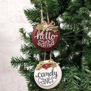 Hello Santa/Candy Canes Button Holly Ornament  (2 Count Assortment)