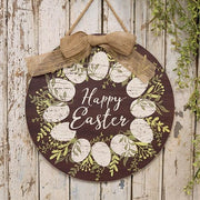 Happy Easter White Easter Egg Wreath Round Sign with Burlap Bow