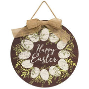 Happy Easter White Easter Egg Wreath Round Sign with Burlap Bow