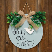 Bless Our Nest Round Sign with Greenery & Burlap Bow