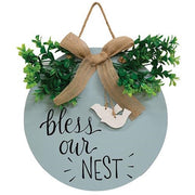 Bless Our Nest Round Sign with Greenery & Burlap Bow