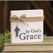 By God's Grace Square Block with Jute & Cross Charm