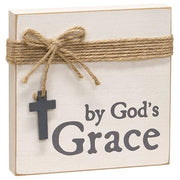 By God's Grace Square Block with Jute & Cross Charm