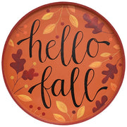 Hello Fall Autumn Leaves Round Wooden Hanging Tray
