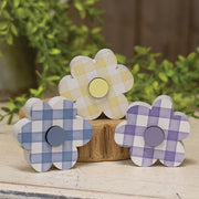 Wooden Gingham Check Button Flower Sitter  (3 Count Assortment)