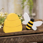 Distressed Wooden Bee & Hive Sitters (Set of 2)