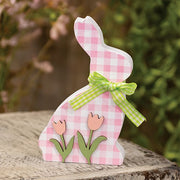 Pink & White Buffalo Check Bunny with Tulips Sitter