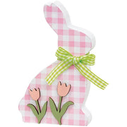 Pink & White Buffalo Check Bunny with Tulips Sitter