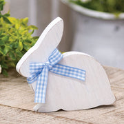 White Wooden Bunny Sitter with Blue & White Buffalo Check Ribbon