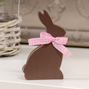 Wooden Chocolate Bunny Sitter with Pink Check Ribbon