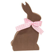 Wooden Chocolate Bunny Sitter with Pink Check Ribbon