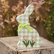 Green & White Buffalo Check Bunny with Tulips Sitter