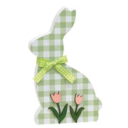 Green & White Buffalo Check Bunny with Tulips Sitter