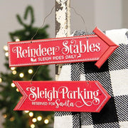 Reindeer & Sleigh Parking Metal Hanging Sign  (2 Count Assortment)