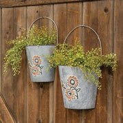 Washed Metal Sunflower & Bee Wall Buckets (Set of 2)