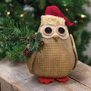 Stuffed Owl in Santa Hat with Winter Greenery