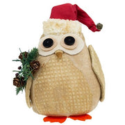 Stuffed Owl in Santa Hat with Winter Greenery