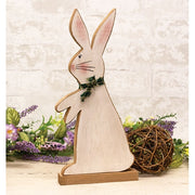 Distressed Standing Wooden Bunny with Green & White Scarf on Base