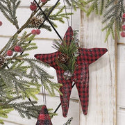 Red & Black Check Folk Star Ornament with Pinecone