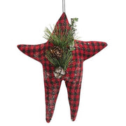 Red & Black Check Folk Star Ornament with Pinecone