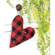 Felt Red & Black Buffalo Check Heart Pillow Ornament with Rusty Jingle Bells