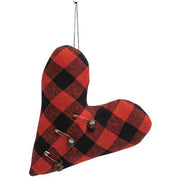 Felt Red & Black Buffalo Check Heart Pillow Ornament with Rusty Jingle Bells