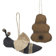 Primitive Bumble Bee and Hive Ornaments (Set of 2)