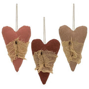 Stuffed Primitive Heart Ornament with Cheesecloth  (3 Count Assortment)