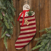 Hanging Striped "Merry Christmas" Stocking with Snowman & Greenery