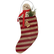 Hanging Striped "Merry Christmas" Stocking with Snowman & Greenery