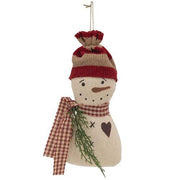 Stuffed Striped Hat Snowman Ornament with Heart & Greenery