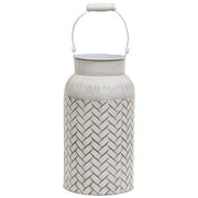 Distressed White Metal Basket Weave Milk Can