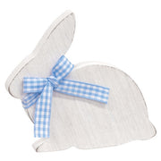 White Wooden Bunny Sitter with Blue & White Buffalo Check Ribbon