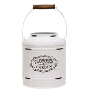 Distressed White Metal Ribbed Flower Garden Bucket with Handle