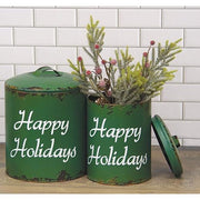 Distressed Green Metal "Happy Holidays" Containers (Set of 2)