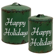 Distressed Green Metal "Happy Holidays" Containers (Set of 2)