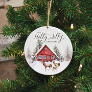 Holly Jolly Winter Barn Round Metal Ornament