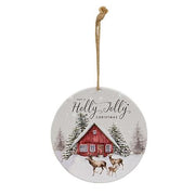 Holly Jolly Winter Barn Round Metal Ornament