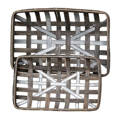 Gray Wash Rectangle Tobacco Baskets with Metal Strips (Set of 2