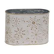 Distressed White Metal Oval Buckets with Gold Embossed Snowflakes (Set of 2)