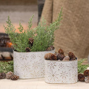 Distressed White Metal Oval Buckets with Gold Embossed Snowflakes (Set of 2)