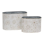 Distressed White Metal Oval Buckets with Gold Embossed Snowflakes (Set of 2)