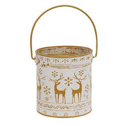 Distressed White Metal Bucket with Gold Embossed Reindeer & Snowflakes
