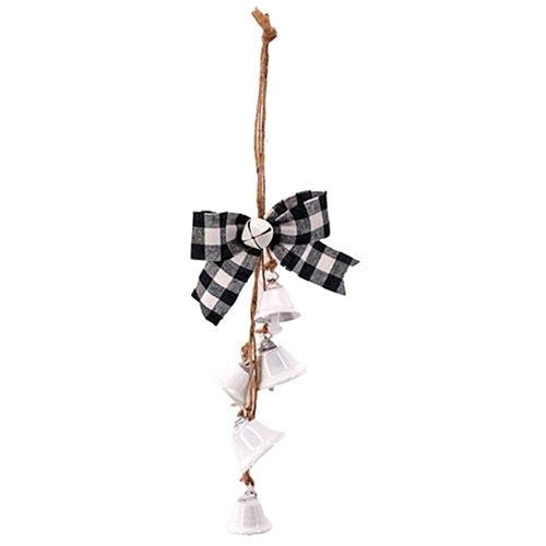 White Bells with Black/White Plaid Bow Drop Ornament