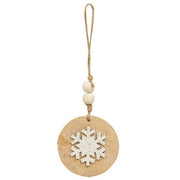 Glittered White Snowflake Wood Round Ornament  (2 Count Assortment)