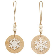 Glittered White Snowflake Wood Round Ornament  (2 Count Assortment)