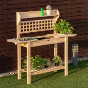 Garden Potting Bench Workstation Table with Sliding Tabletop Sink Shelves - Color: Natural
