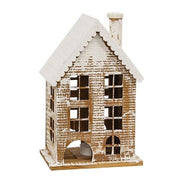 Lit Wooden Snowy Gingerbread House